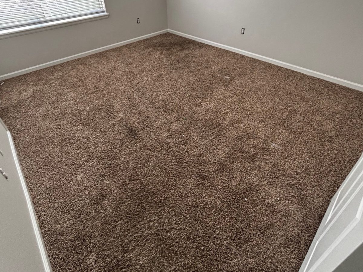 Bedroom carpet before cleaning, with dark stains and traffic marks